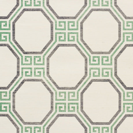 Octavia Sisal Jade geometric Greek key octagonal pattern wallpaper by Schumacher, shown in a modern dining room setting.