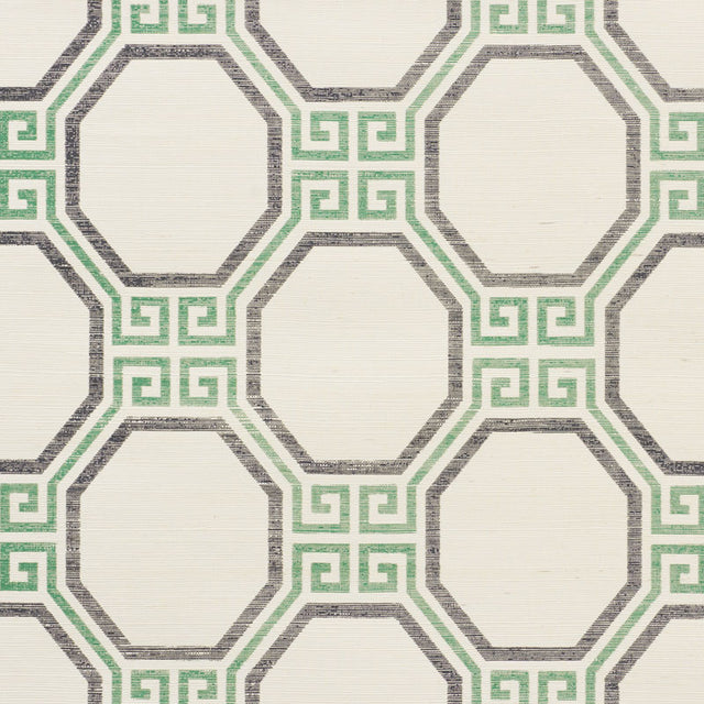 Octavia Sisal Jade geometric Greek key octagonal pattern wallpaper by Schumacher, shown in a modern dining room setting.