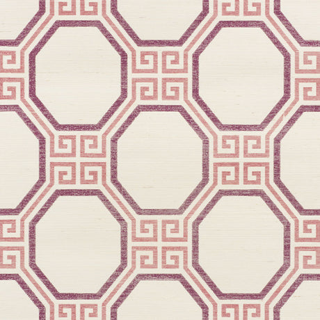 Octavia Sisal wallpaper in Cinnabar by Schumacher features an octagonal geometric pattern with Greek key accents in red and cream tones.