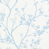 Twiggy Paperweave wallpaper in Sky by Schumacher, featuring a delicate blue botanical silhouette on a textured paperweave background.