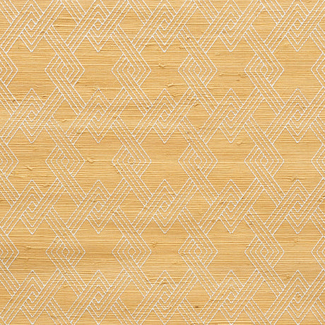 Hix Embroidered Jute wallpaper in Natural by Schumacher, featuring interlocking diamond embroidery on textured jute.