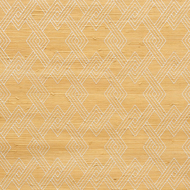 Hix Embroidered Jute wallpaper in Natural by Schumacher, featuring interlocking diamond embroidery on textured jute.