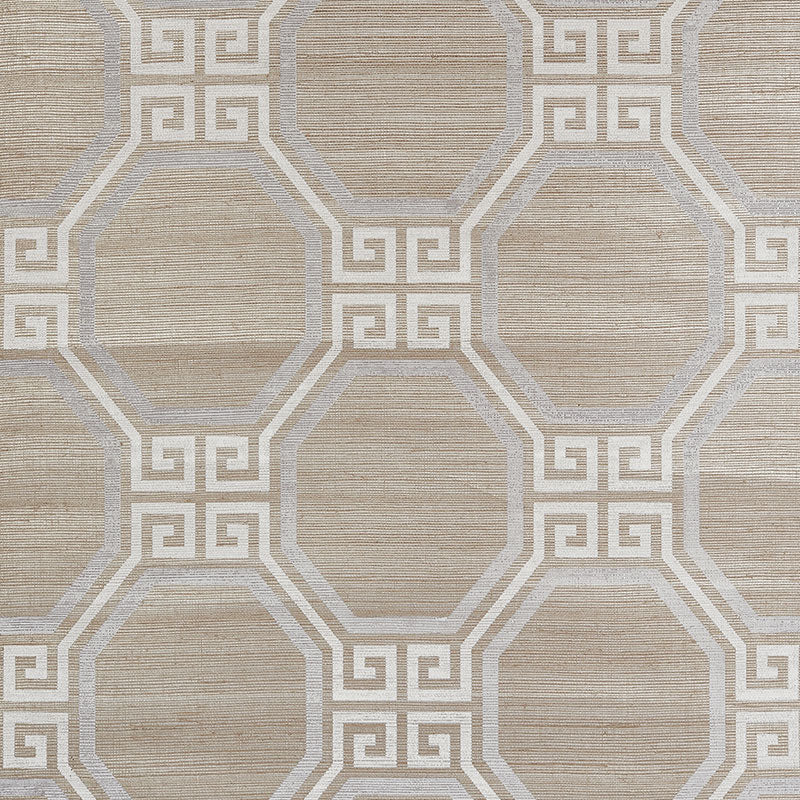 Octavia Hemp Shimmer wallpaper in Quartz by Schumacher, featuring an octagonal Greek key pattern on a textured ground.