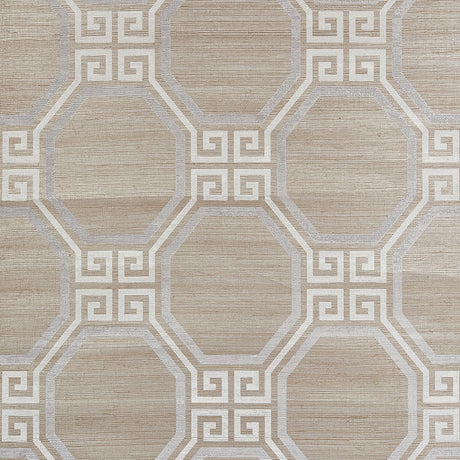 Octavia Hemp Shimmer wallpaper in Quartz by Schumacher, featuring an octagonal Greek key pattern on a textured ground.
