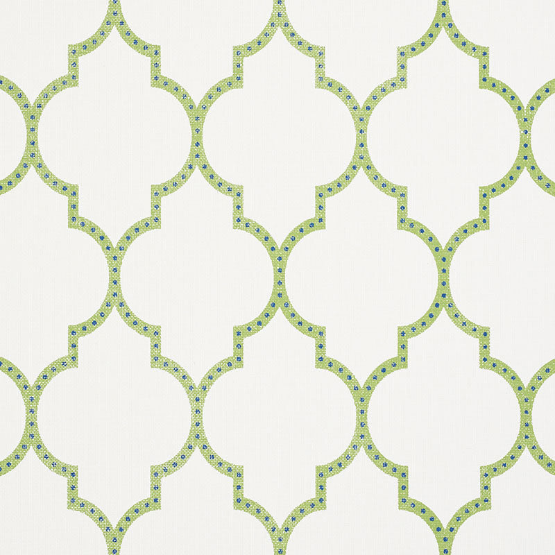 Algiers Paperweave wallpaper in Leaf by Schumacher, featuring a two-color fretwork design on white paperweave ground.