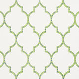 Algiers Paperweave wallpaper in Leaf by Schumacher, featuring a two-color fretwork design on white paperweave ground.