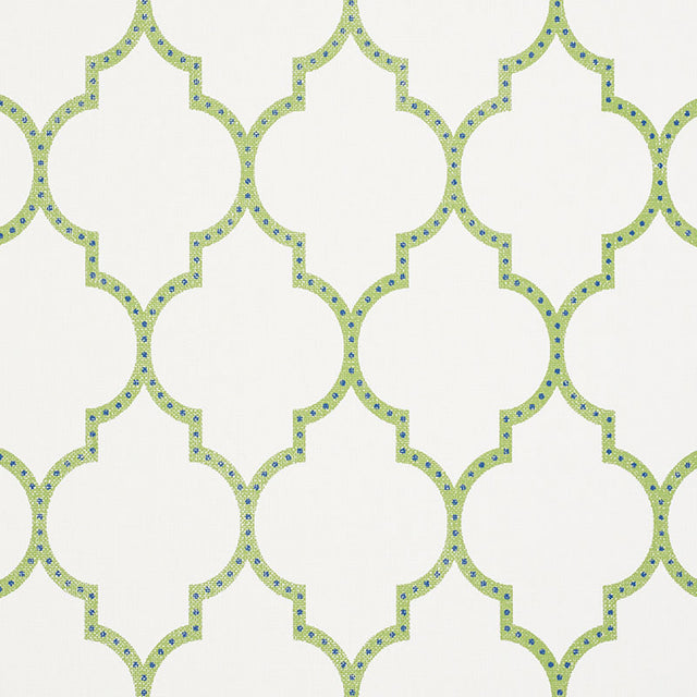 Algiers Paperweave wallpaper in Leaf by Schumacher, featuring a two-color fretwork design on white paperweave ground.