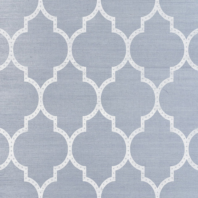 Algiers Sisal Chambray wallpaper by Schumacher featuring a two-toned fretwork design on textured sisal ground.