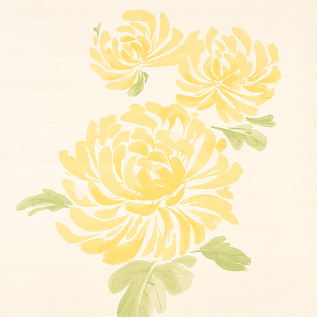 Hana Sisal wallpaper in yellow with painterly chrysanthemum blossoms on a sisal ground by Schumacher.