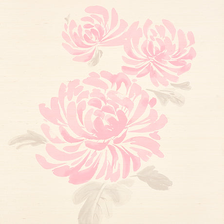 Hana Sisal wallpaper in pink with overscaled painterly chrysanthemum blossoms on a sisal ground