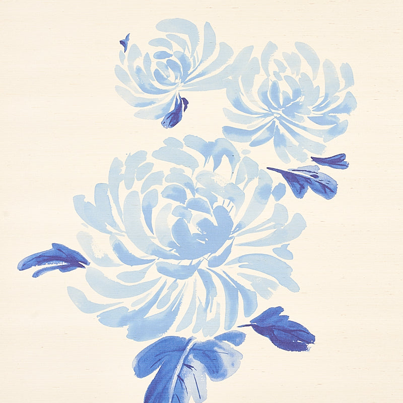 Hana Sisal blue floral wallpaper with painterly chrysanthemum blossoms on a sisal ground by Schumacher