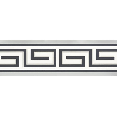 Britt Border in Graphite by Schumacher - Greek key geometric wallpaper border in black, grey, and white.