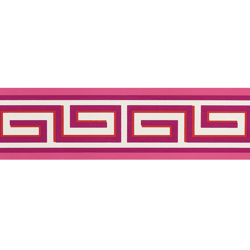 Britt Border in Berry by Schumacher - Greek key geometric wallpaper border in pink, berry, and orange tones
