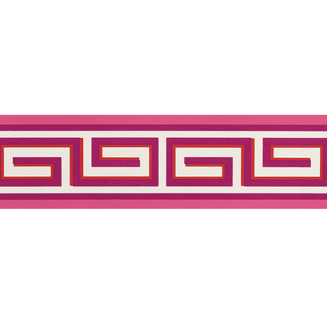 Britt Border in Berry by Schumacher - Greek key geometric wallpaper border in pink, berry, and orange tones