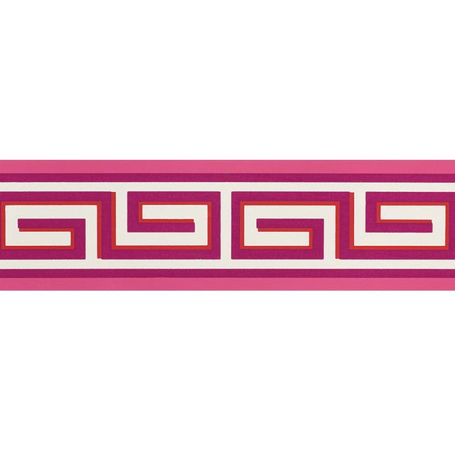 Britt Border in Berry by Schumacher - Greek key geometric wallpaper border in pink, berry, and orange tones