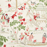 Yangtze River chinoiserie wallpaper in ivory with hand screen-printed scenes of people, birds, and nature, by Schumacher.