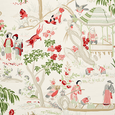 Yangtze River chinoiserie wallpaper in ivory with hand screen-printed scenes of people, birds, and nature, by Schumacher.