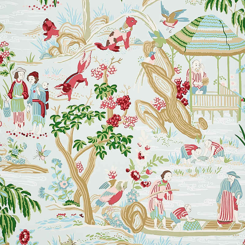 Yangtze River Aqua chinoiserie wallpaper with hand-screened traditional Asian-inspired scenes, Schumacher
