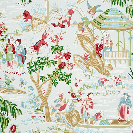 Yangtze River Aqua chinoiserie wallpaper with hand-screened traditional Asian-inspired scenes, Schumacher