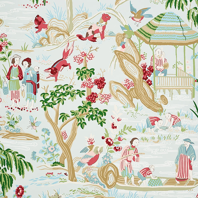 Yangtze River Aqua chinoiserie wallpaper with hand-screened traditional Asian-inspired scenes, Schumacher