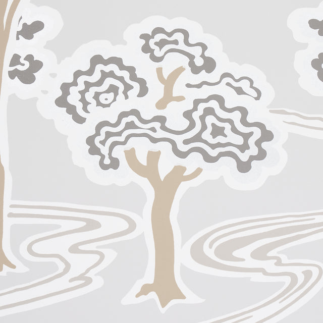 Tree River Moonstone by Schumacher Japanese Art Deco Scenic Wallpaper – Schumacher 5009100