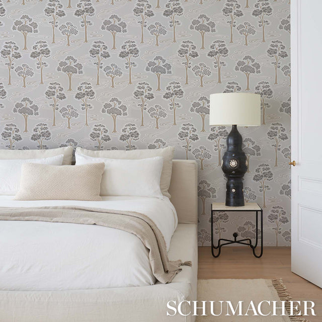 Tree River Moonstone by Schumacher Japanese Art Deco Scenic Wallpaper – Schumacher 5009100