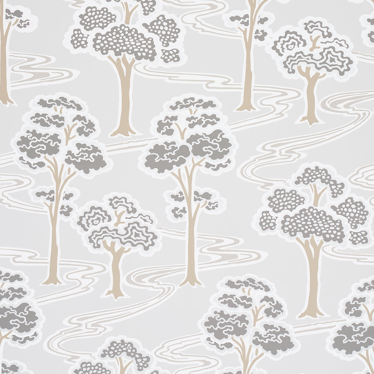 Tree River wallpaper in Moonstone by Schumacher, featuring a Japanese Art Deco inspired tree and river motif in soft neutral tones.
