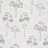 Tree River wallpaper in Moonstone by Schumacher, featuring a Japanese Art Deco inspired tree and river motif in soft neutral tones.