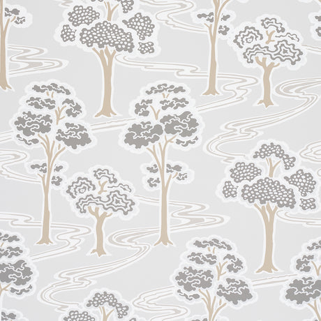 Tree River wallpaper in Moonstone by Schumacher, featuring a Japanese Art Deco inspired tree and river motif in soft neutral tones.