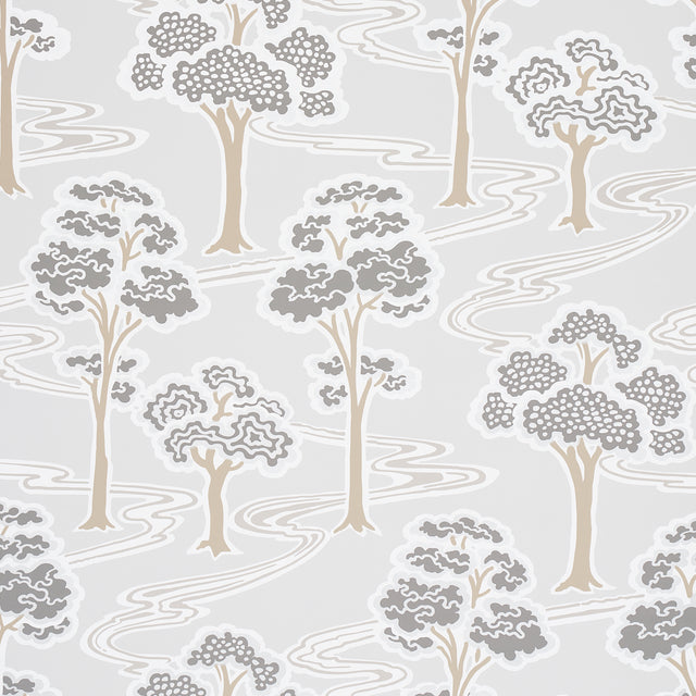 Tree River wallpaper in Moonstone by Schumacher, featuring a Japanese Art Deco inspired tree and river motif in soft neutral tones.