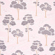 Tree River blush wallpaper with Japanese Art Deco style trees and river pattern by Schumacher, shown in a bedroom setting.