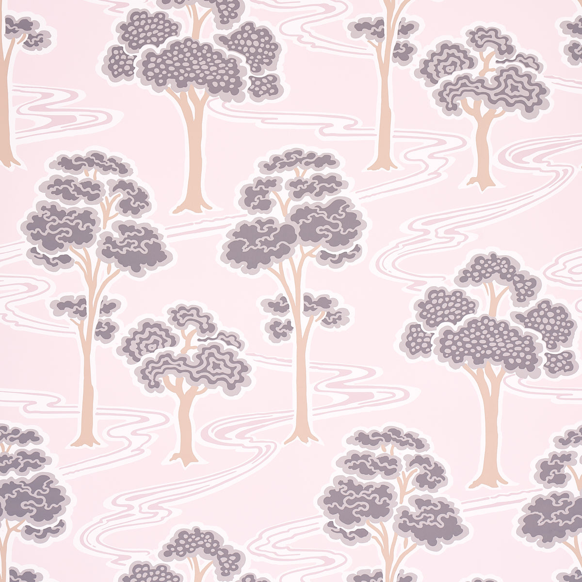 Tree River blush wallpaper with Japanese Art Deco style trees and river pattern by Schumacher, shown in a bedroom setting.