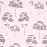 Tree River blush wallpaper with Japanese Art Deco style trees and river pattern by Schumacher, shown in a bedroom setting.