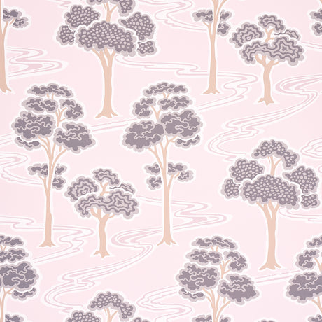 Tree River blush wallpaper with Japanese Art Deco style trees and river pattern by Schumacher, shown in a bedroom setting.