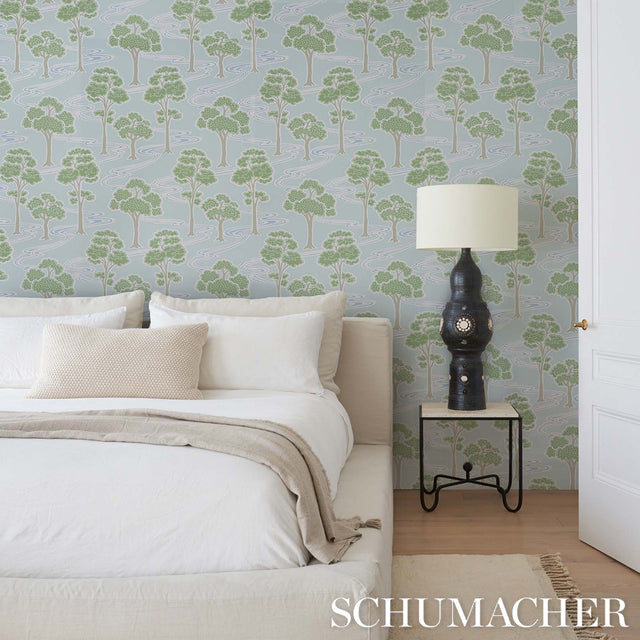 Tree River Mineral by Schumacher Japanese Art Deco Scenic Wallpaper – Schumacher 5009102