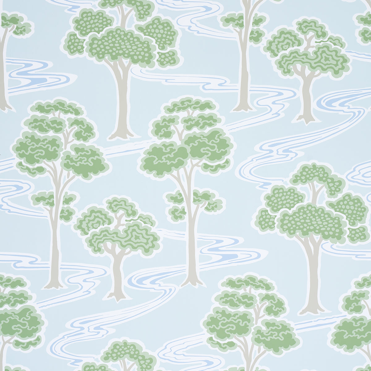 Tree River wallpaper in Mineral by Schumacher, featuring stylized green trees and flowing blue river on a light background, shown in a bedroom setting.