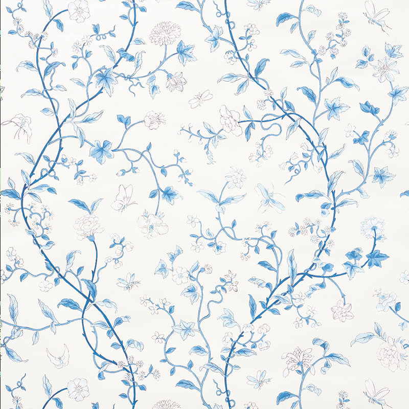 Floraison Porcelain by Schumacher - Delicate blue and white hand screen printed floral wallpaper
