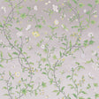 Floraison wallpaper in Citron Shimmer by Schumacher features a delicate, hand screen-printed floral motif with scrolling vines and blossoms.