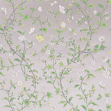 Floraison wallpaper in Citron Shimmer by Schumacher features a delicate, hand screen-printed floral motif with scrolling vines and blossoms.
