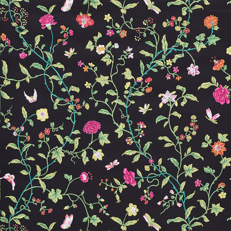 Floraison wallpaper in Jet Multi by Schumacher, featuring a hand screen-printed floral motif on a dark background.