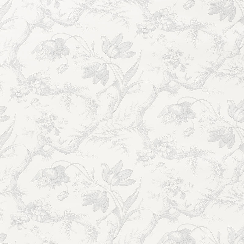 Toile de Fleurs Grisaille wallpaper by Schumacher featuring delicate twisting branches and flowers in a timeless ogee pattern.