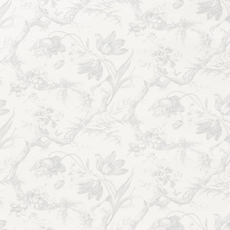 Toile de Fleurs Grisaille wallpaper by Schumacher featuring delicate twisting branches and flowers in a timeless ogee pattern.