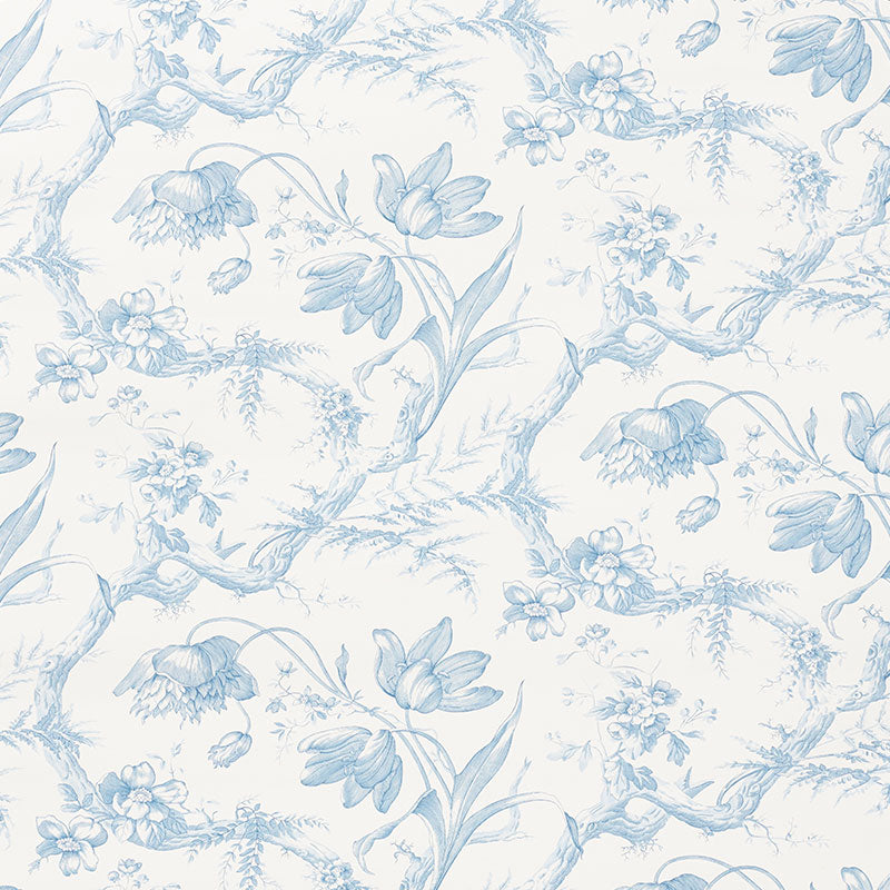 Toile de Fleurs Delft blue floral wallpaper by Schumacher shown in a classic interior and bathroom setting.