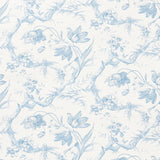 Toile de Fleurs Delft blue floral wallpaper by Schumacher shown in a classic interior and bathroom setting.
