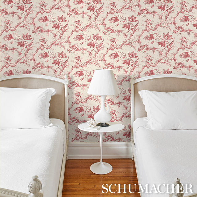 Toile de Fleurs Rouge by Schumacher Classic Floral Ogee Wallpaper – Perennial Favorites 5009122