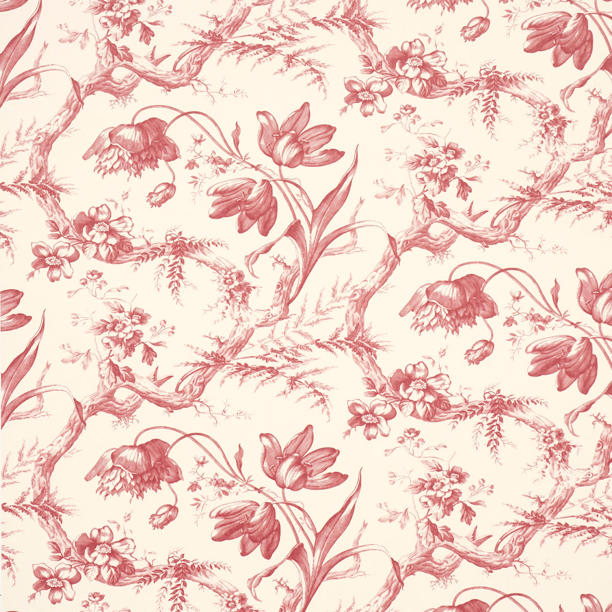 Toile de Fleurs Rouge wallpaper by Schumacher featuring detailed twisting branches and flowers in a classic ogee pattern.