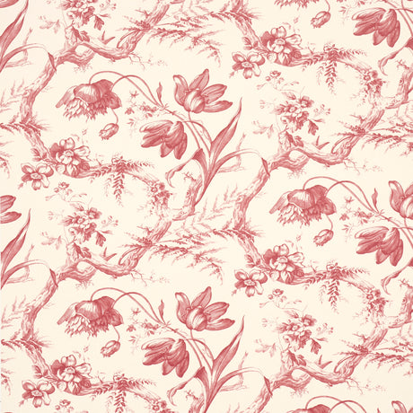 Toile de Fleurs Rouge wallpaper by Schumacher featuring detailed twisting branches and flowers in a classic ogee pattern.