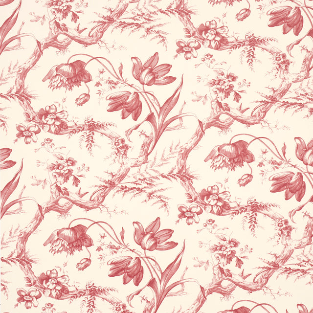 Toile de Fleurs Rouge wallpaper by Schumacher featuring detailed twisting branches and flowers in a classic ogee pattern.