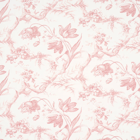 Toile de Fleurs pink floral ogee wallpaper by Schumacher, featuring detailed twisting branches and flowers in a classic toile style.