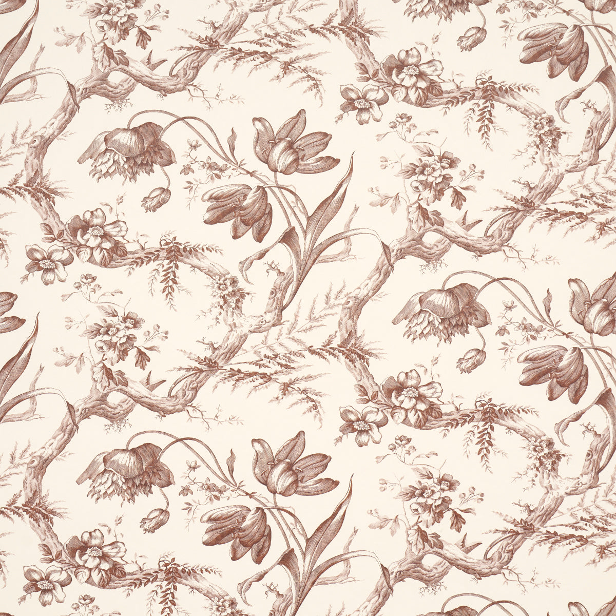 Toile de Fleurs Fawn wallpaper by Schumacher featuring detailed twisting branches and flowers in a classic ogee pattern.
